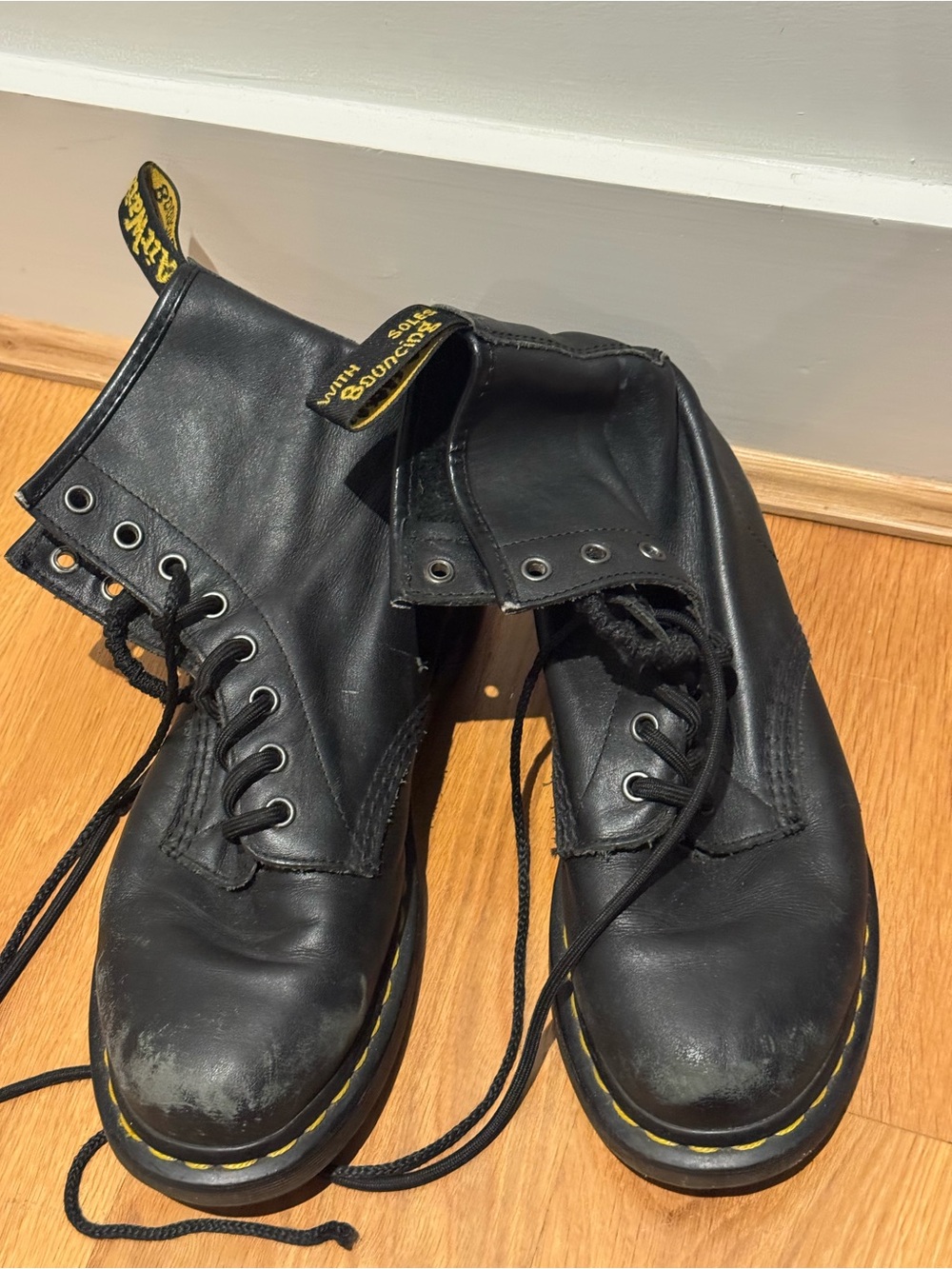 Dr. Martens Black Leather Lace-Up Boots with Yellow Stitching